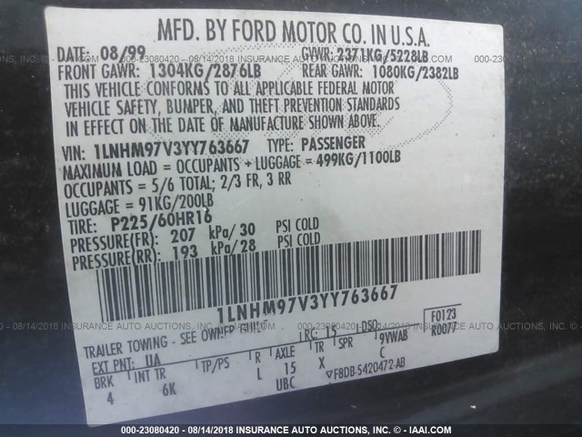 1LNHM97V3YY763667 - 2000 LINCOLN CONTINENTAL  BLACK photo 9