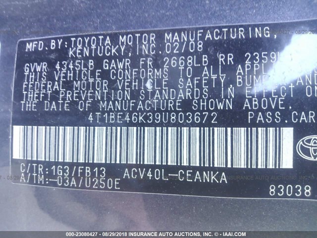 4T1BE46K39U803672 - 2009 TOYOTA CAMRY SE/LE/XLE GRAY photo 9