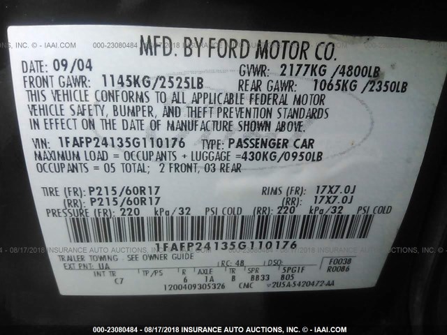 1FAFP24135G110176 - 2005 FORD FIVE HUNDRED SEL BLACK photo 9