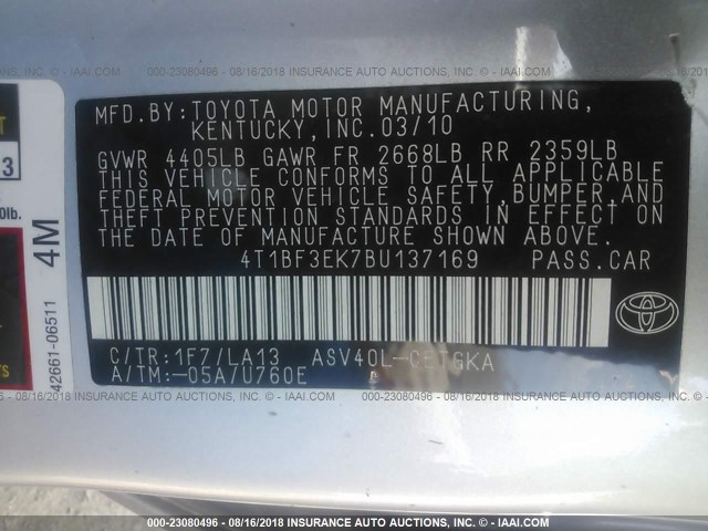 4T1BF3EK7BU137169 - 2011 TOYOTA CAMRY SE/LE/XLE 银色 照片 9