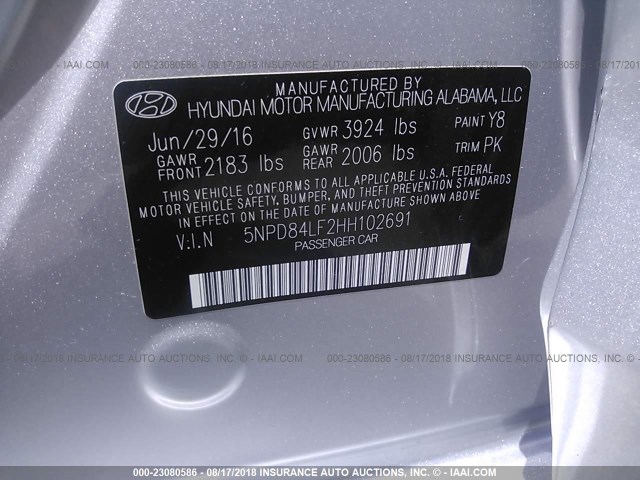 5NPD84LF2HH102691 - 2017 HYUNDAI ELANTRA SE/VALUE/LIMITED SILVER photo 9