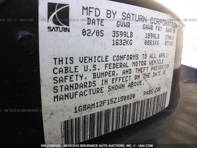 1G8AM12F15Z150020 - 2005 SATURN ION LEVEL 2 蓝色 照片 9