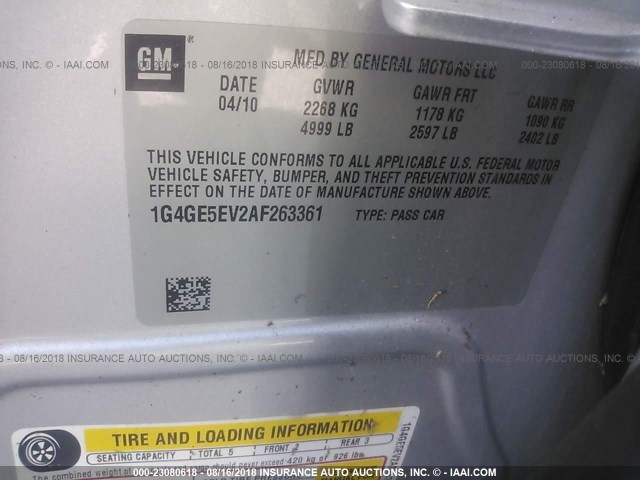 1G4GE5EV2AF263361 - 2010 BUICK LACROSSE CXS SILVER photo 9