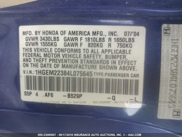 1HGEM22384L075645 - 2004 HONDA CIVIC DX VP Bənövşəyi foto 9