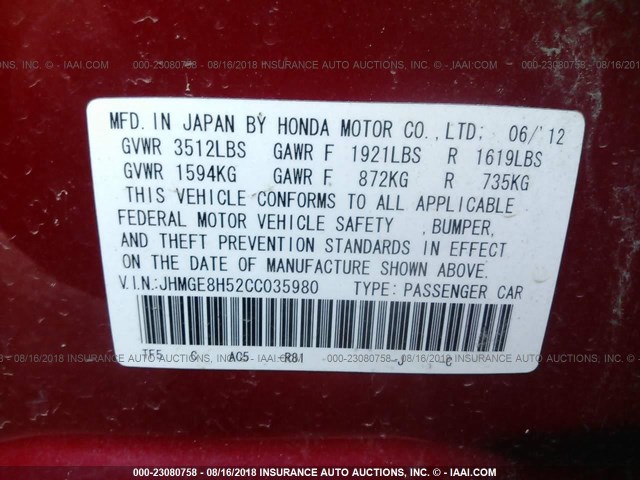 JHMGE8H52CC035980 - 2012 HONDA FIT SPORT 红色 照片 9