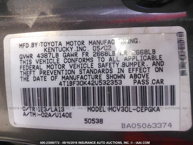 4T1BF30K42U532353 - 2002 TOYOTA CAMRY LE/XLE/SE Boz foto 9