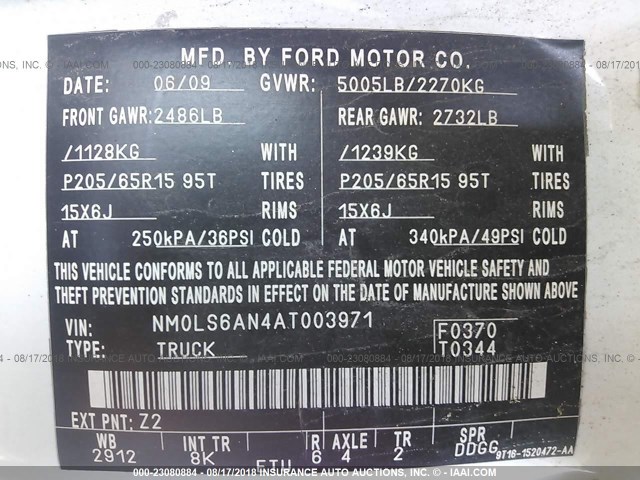 NM0LS6AN4AT003971 - 2010 FORD TRANSIT CONNECT XL WHITE photo 9