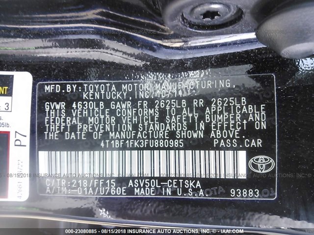 4T1BF1FK3FU880985 - 2015 TOYOTA CAMRY LE/XLE/SE/XSE BLACK photo 9