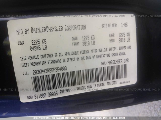 2B3KA43R86H364003 - 2006 DODGE CHARGER SE/SXT BLUE photo 9