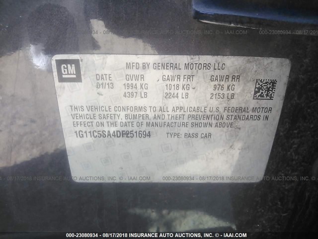 1G11C5SA4DF251694 - 2013 CHEVROLET MALIBU 1LT ნაცრისფერი ფოტო 9