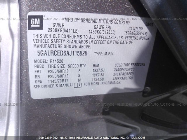 5GALRCED6AJ115828 - 2010 BUICK ENCLAVE CXL 灰色 照片 9