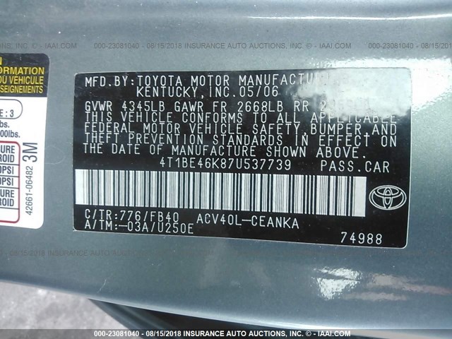 4T1BE46K87U537739 - 2007 TOYOTA CAMRY NEW GENERAT CE/LE/XLE/SE TEAL photo 9