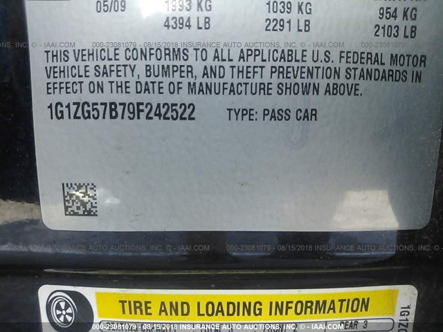 1G1ZG57B79F242522 - 2009 CHEVROLET MALIBU LS Mavi foto 9