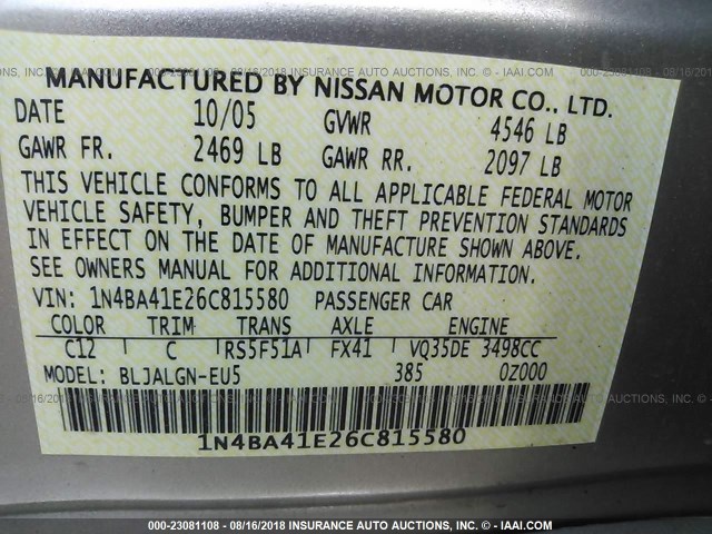 1N4BA41E26C815580 - 2006 NISSAN MAXIMA SE/SL Altın fotoğraf 9