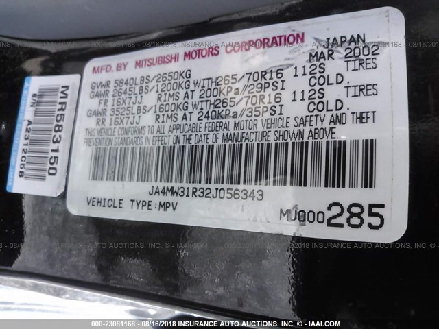 JA4MW31R32J056343 - 2002 MITSUBISHI MONTERO XLS BLACK photo 9