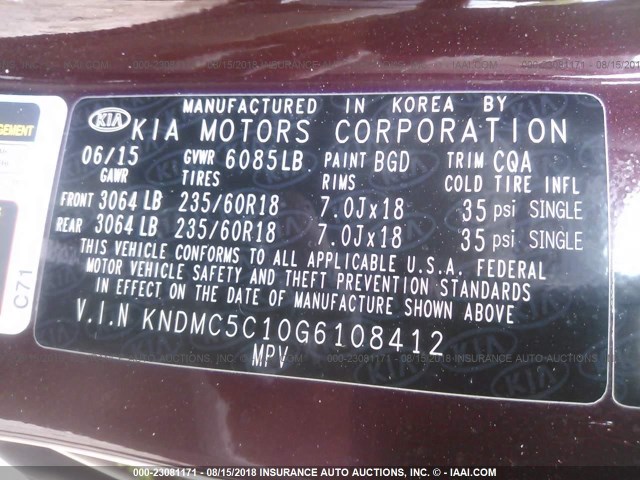 KNDMC5C10G6108412 - 2016 KIA SEDONA EX/SX BURGUNDY photo 9