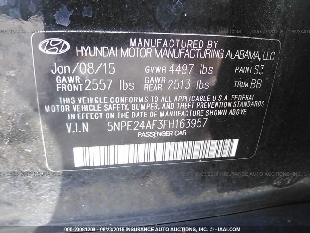 5NPE24AF3FH163957 - 2015 HYUNDAI SONATA SE BLACK photo 9