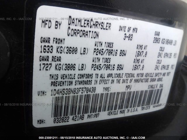 1D4HS38N83F570430 - 2003 DODGE DURANGO SPORT BLUE photo 9