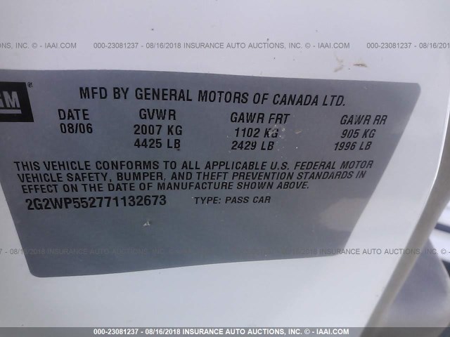 2G2WP552771132673 - 2007 PONTIAC GRAND PRIX WHITE photo 9