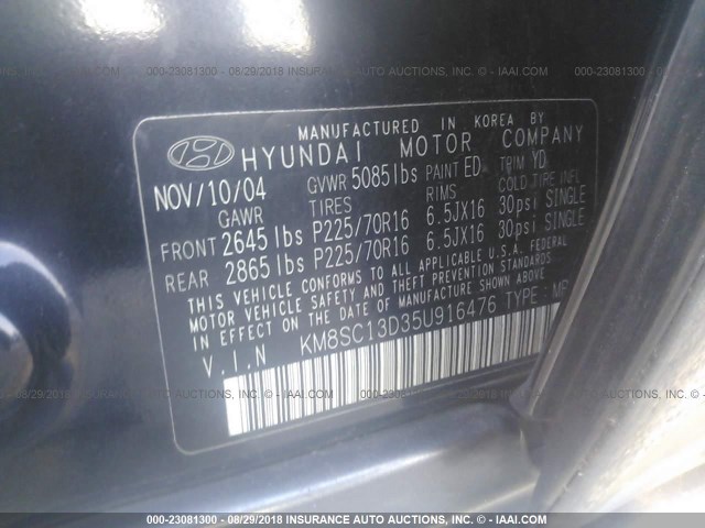 KM8SC13D35U916476 - 2005 HYUNDAI SANTA FE GLS/LX BLACK photo 9