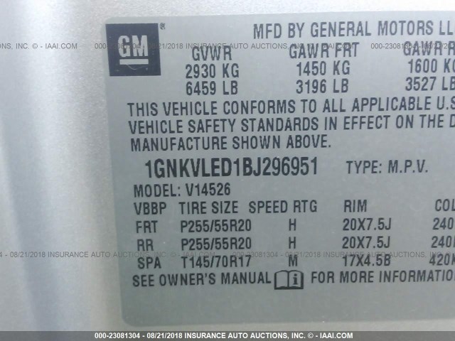 1GNKVLED1BJ296951 - 2011 CHEVROLET TRAVERSE LTZ SILVER photo 9