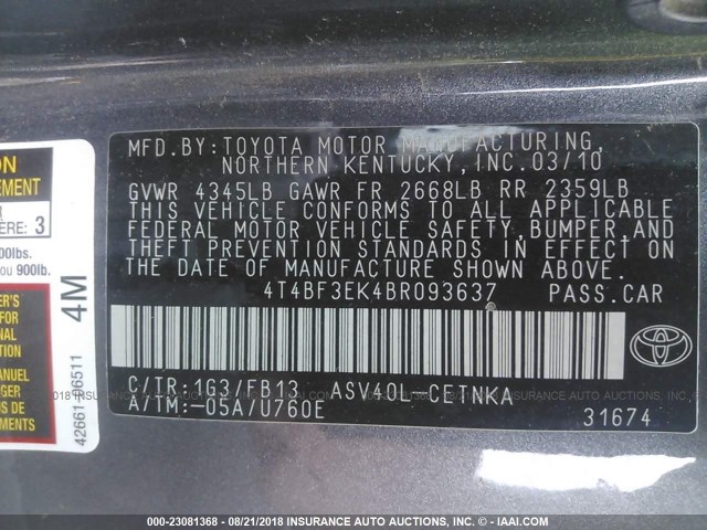 4T4BF3EK4BR093637 - 2011 TOYOTA CAMRY SE/LE/XLE 灰色 照片 9