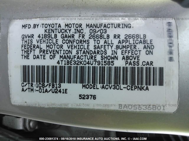 4T1BE32K04U791585 - 2004 TOYOTA CAMRY LE/XLE/SE 奶油色 照片 9