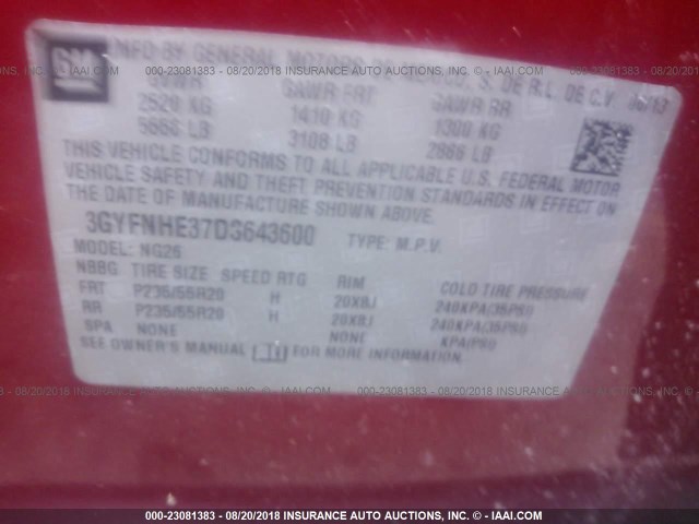 3GYFNHE37DS643600 - 2013 CADILLAC SRX PERFORMANCE COLLECTION Марун фото 9
