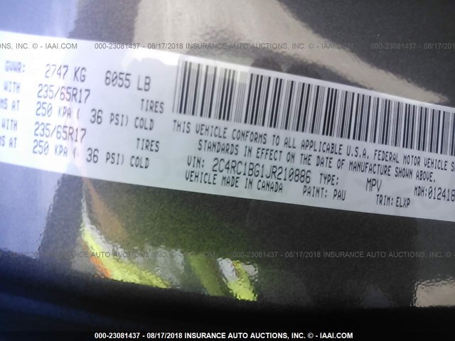 2C4RC1BG1JR210886 - 2018 CHRYSLER PACIFICA TOURING L Մոխրագույն լուսանկար 9