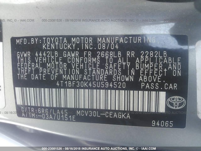 4T1BF30K45U594520 - 2005 TOYOTA CAMRY LE/XLE/SE GRAY photo 9