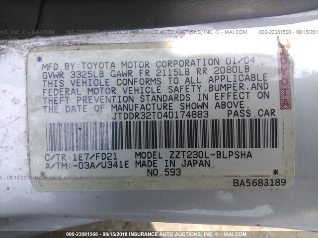 JTDDR32T040174883 - 2004 TOYOTA CELICA GT SILVER photo 9
