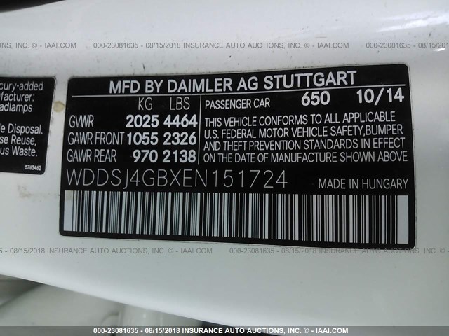 WDDSJ4GBXEN151724 - 2014 MERCEDES-BENZ CLA 250 4MATIC WHITE photo 9