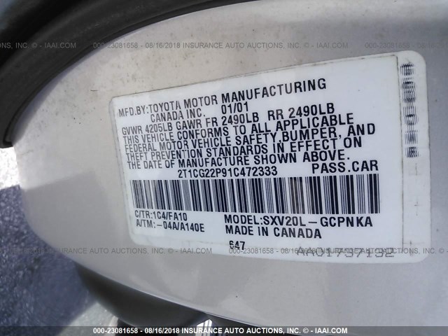 2T1CG22P91C472333 - 2001 TOYOTA CAMRY SOLARA SE SILVER photo 9