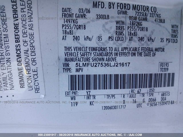 5LMFU27536LJ21617 - 2006 LINCOLN NAVIGATOR Beyaz fotoğraf 9