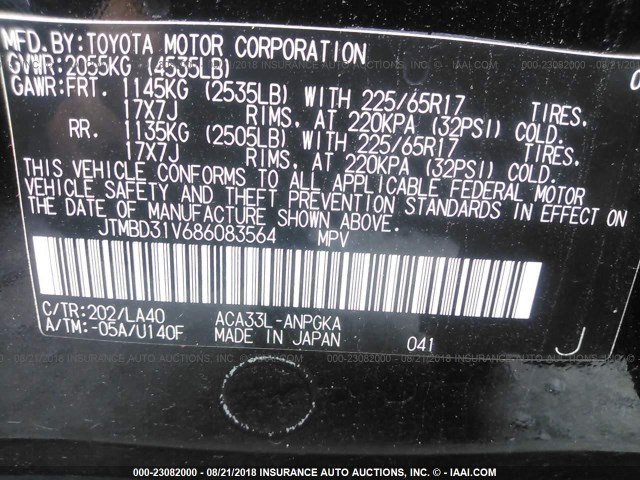 JTMBD31V686083564 - 2008 TOYOTA RAV4 LIMITED BLACK photo 9