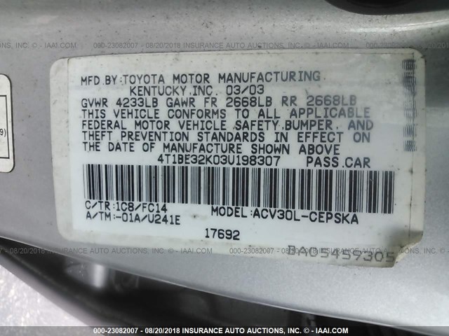 4T1BE32K03U198307 - 2003 TOYOTA CAMRY LE/XLE/SE Gümüş foto 9