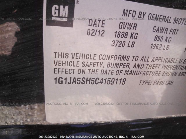 1G1JA5SH5C4159118 - 2012 CHEVROLET SONIC LS 黑色 照片 9