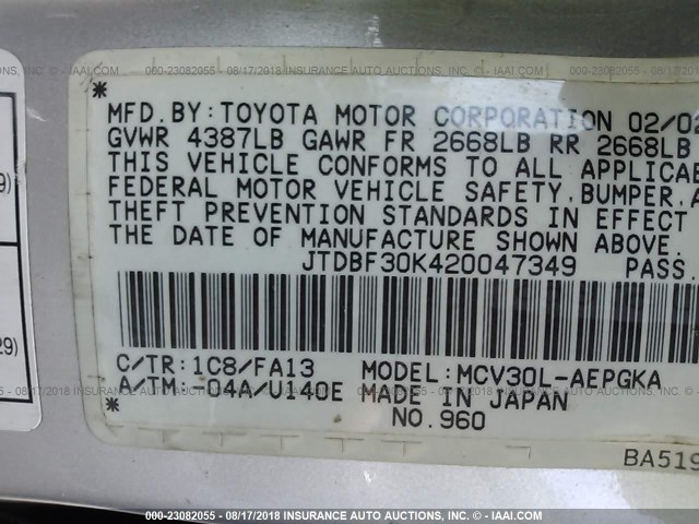 JTDBF30K420047349 - 2002 TOYOTA CAMRY LE/XLE/SE Gümüş foto 9