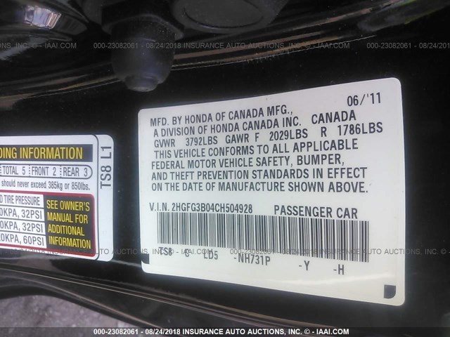 2HGFG3B04CH504928 - 2012 HONDA CIVIC EXL 黑色 照片 9