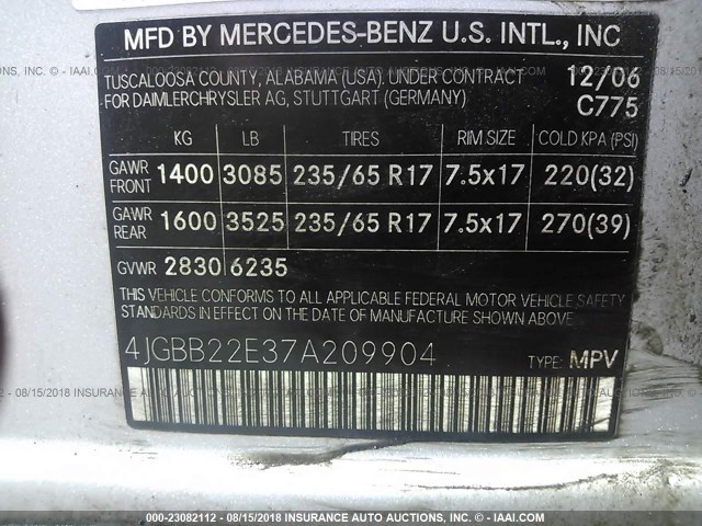 4JGBB22E37A209904 - 2007 MERCEDES-BENZ ML 320 CDI SILVER photo 9