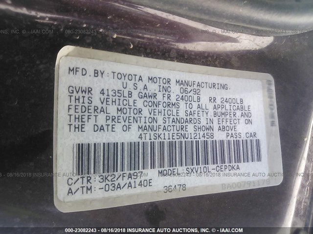 4T1SK11E5NU121458 - 1992 TOYOTA CAMRY DLX 勃艮第红 照片 9