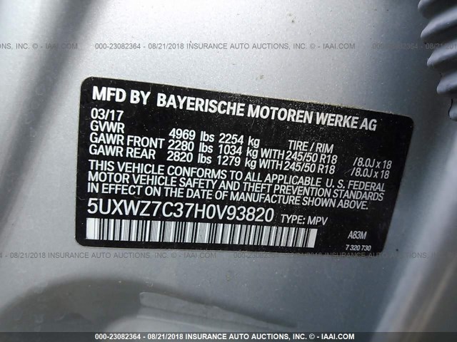 5UXWZ7C37H0V93820 - 2017 BMW X3 SDRIVE28I SILVER photo 9