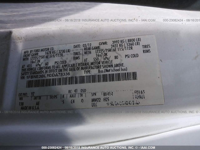 1FBNE3BL1CDA78336 - 2012 FORD ECONOLINE E350 SUPER DUTY WAGON WHITE photo 9