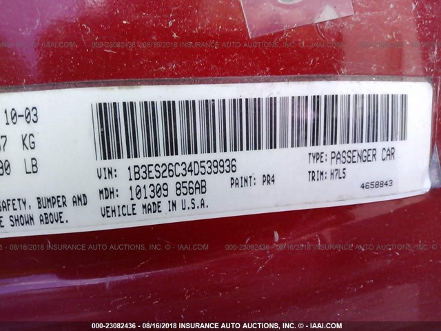 1B3ES26C34D539936 - 2004 DODGE NEON SE RED photo 9