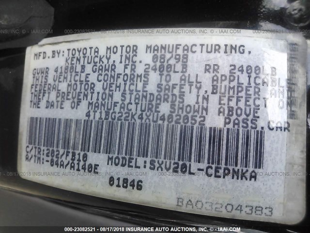 4T1BG22K4XU402052 - 1999 TOYOTA CAMRY CE/LE/XLE 黑色 照片 9