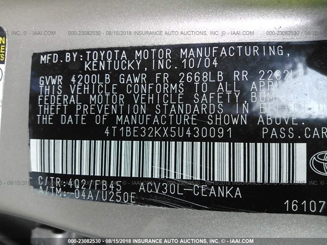 4T1BE32KX5U430091 - 2005 TOYOTA CAMRY LE/XLE/SE Qəhvəyi foto 9