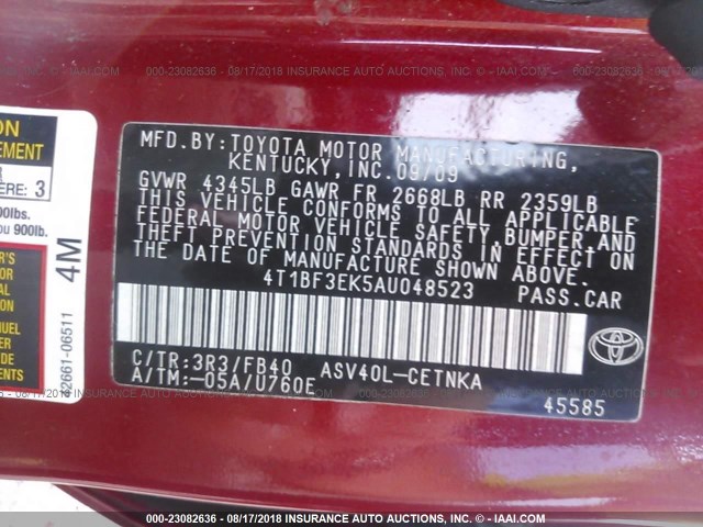 4T1BF3EK5AU048523 - 2010 TOYOTA CAMRY SE/LE/XLE RED photo 9