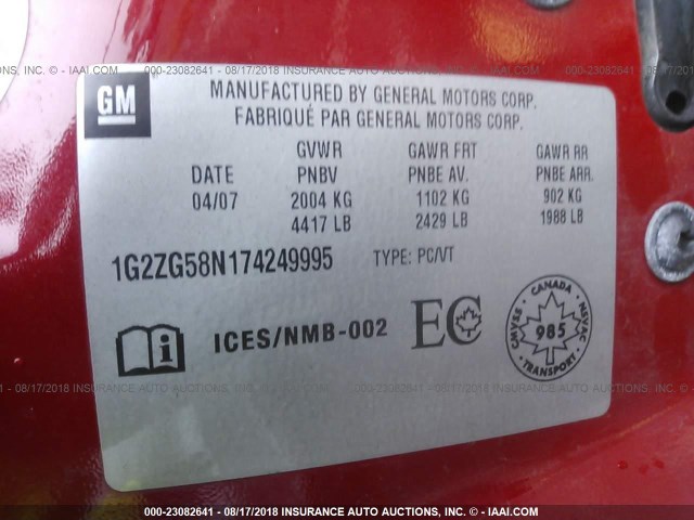 1G2ZG58N174249995 - 2007 PONTIAC G6 SE RED photo 9