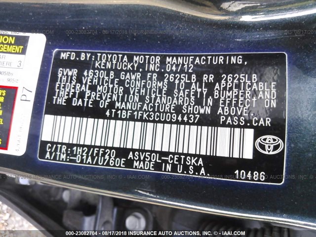 4T1BF1FK3CU094437 - 2012 TOYOTA CAMRY SE/LE/XLE GRAY photo 9