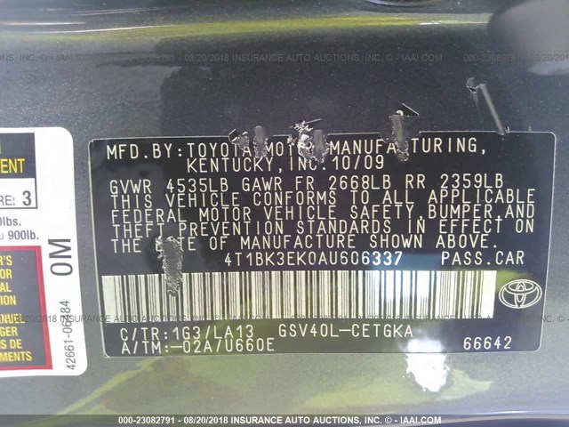 4T1BK3EK0AU606337 - 2010 TOYOTA CAMRY SE/LE/XLE ნაცრისფერი ფოტო 9